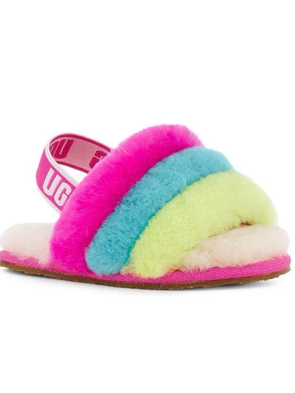 UGG Kids Pink Blue Yellow Cream Rainbow Fuzzy Slippers